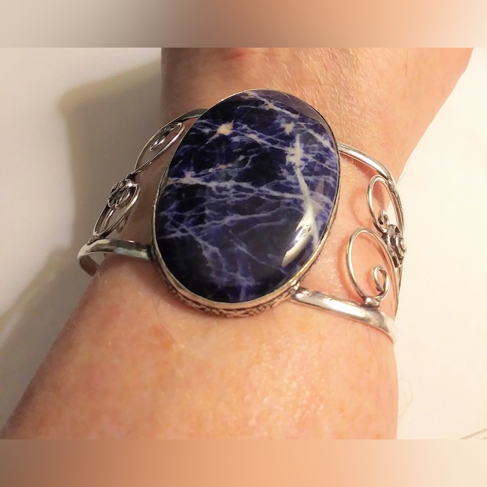 Sodalite Stamped 925 Sterling Silver Cuff Bracelet
